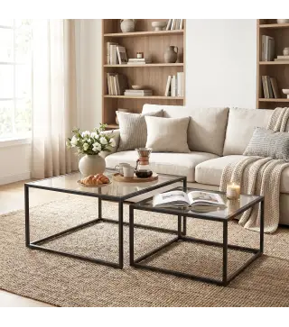 2 Mesas de Centro Cuadradas Mesas Nido Modernas con Tablero de Vidrio Templado y Estructura Metálica 75x75x42 cm Negro