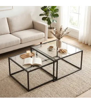 2 Mesas de Centro Cuadradas Mesas Nido Modernas con Tablero de Vidrio Templado y Estructura Metálica 75x75x42 cm Negro