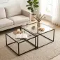 2 Mesas de Centro Cuadradas Mesas Nido Modernas con Tablero de Vidrio Templado y Estructura Metálica 75x75x42 cm Negro
