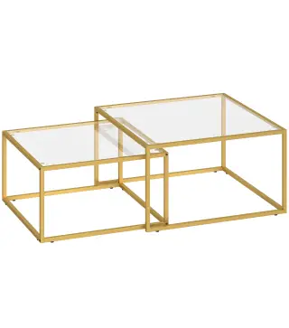 2 Mesas de Centro Cuadradas Mesas Nido Modernas con Tablero de Vidrio Templado y Estructura Metálica 75x75x42 cm Dorado