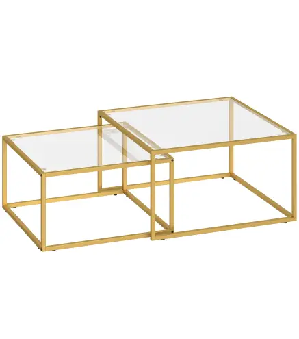 2 Mesas de Centro Cuadradas Mesas Nido Modernas con Tablero de Vidrio Templado y Estructura Metálica 75x75x42 cm Dorado