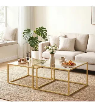2 Mesas de Centro Cuadradas Mesas Nido Modernas con Tablero de Vidrio Templado y Estructura Metálica 75x75x42 cm Dorado