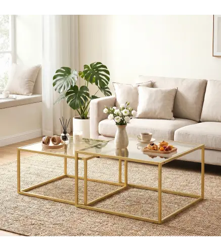 2 Mesas de Centro Cuadradas Mesas Nido Modernas con Tablero de Vidrio Templado y Estructura Metálica 75x75x42 cm Dorado