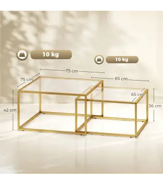 2 Mesas de Centro Cuadradas Mesas Nido Modernas con Tablero de Vidrio Templado y Estructura Metálica 75x75x42 cm Dorado