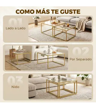 2 Mesas de Centro Cuadradas Mesas Nido Modernas con Tablero de Vidrio Templado y Estructura Metálica 75x75x42 cm Dorado