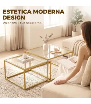 2 Mesas de Centro Cuadradas Mesas Nido Modernas con Tablero de Vidrio Templado y Estructura Metálica 75x75x42 cm Dorado