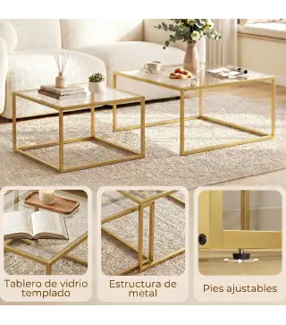2 Mesas de Centro Cuadradas Mesas Nido Modernas con Tablero de Vidrio Templado y Estructura Metálica 75x75x42 cm Dorado