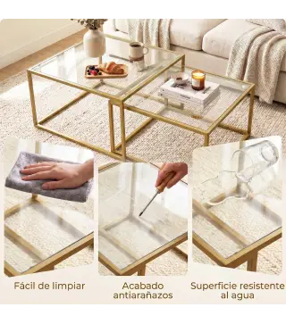 2 Mesas de Centro Cuadradas Mesas Nido Modernas con Tablero de Vidrio Templado y Estructura Metálica 75x75x42 cm Dorado