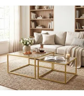 2 Mesas de Centro Cuadradas Mesas Nido Modernas con Tablero de Vidrio Templado y Estructura Metálica 75x75x42 cm Dorado