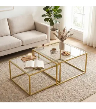2 Mesas de Centro Cuadradas Mesas Nido Modernas con Tablero de Vidrio Templado y Estructura Metálica 75x75x42 cm Dorado