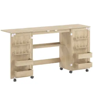 Mesa de Costura Plegable con 6 Ruedas 20 Clavijas para Hilos 4 Compartimentos Estante Roble