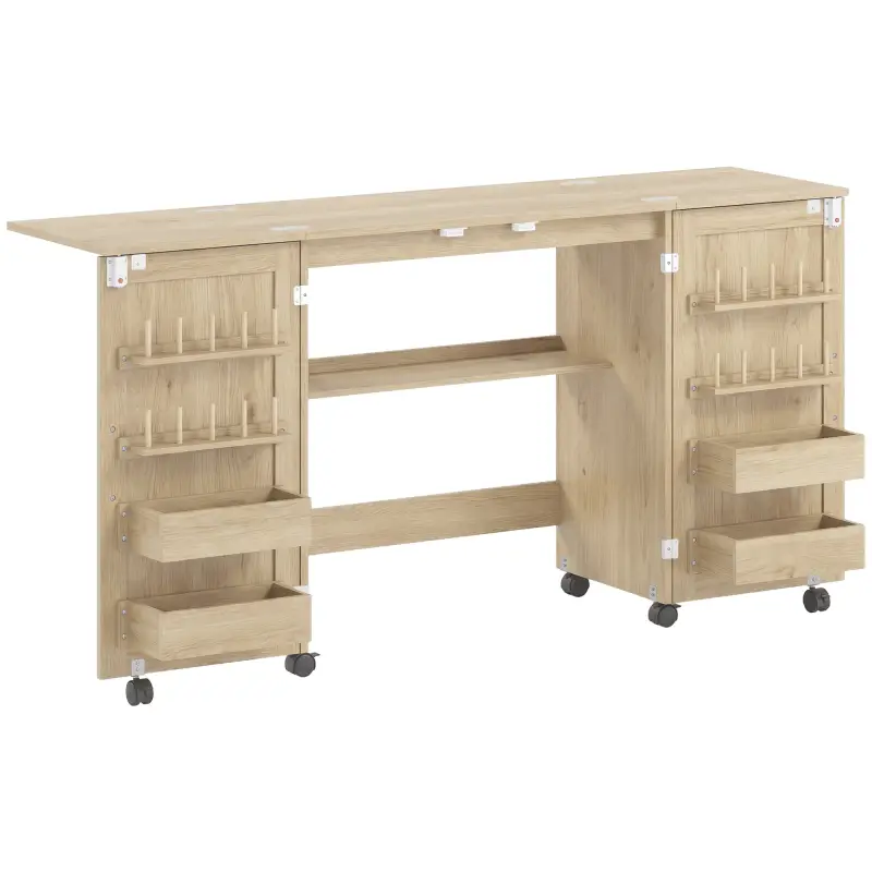 Mesa de Costura Plegable con 6 Ruedas 20 Clavijas para Hilos 4 Compartimentos Estante Roble Mesa de Costura Plegable con 6 Ruedas 20 Clavijas para Hilos 4 Compartimentos Estante Roble