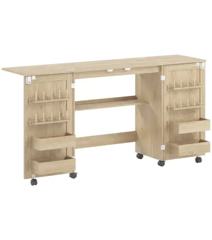 Mesa de Costura Plegable con 6 Ruedas 20 Clavijas para Hilos 4 Compartimentos Estante Roble