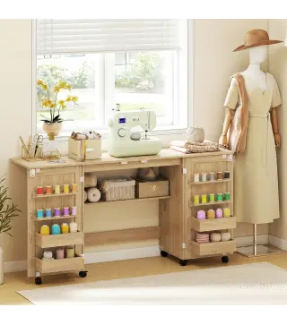 Mesa de Costura Plegable con 6 Ruedas 20 Clavijas para Hilos 4 Compartimentos Estante Roble