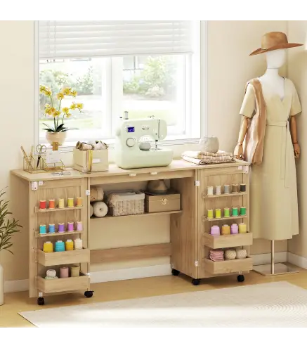 Mesa de Costura Plegable con 6 Ruedas 20 Clavijas para Hilos 4 Compartimentos Estante Roble