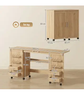 Mesa de Costura Plegable con 6 Ruedas 20 Clavijas para Hilos 4 Compartimentos Estante Roble