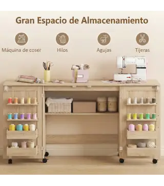 Mesa de Costura Plegable con 6 Ruedas 20 Clavijas para Hilos 4 Compartimentos Estante Roble