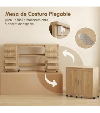Mesa de Costura Plegable con 6 Ruedas 20 Clavijas para Hilos 4 Compartimentos Estante Roble