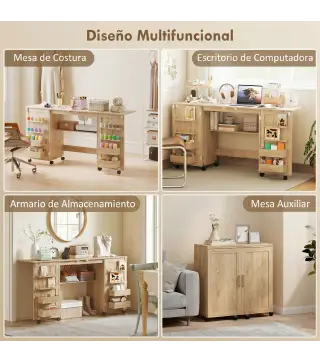 Mesa de Costura Plegable con 6 Ruedas 20 Clavijas para Hilos 4 Compartimentos Estante Roble