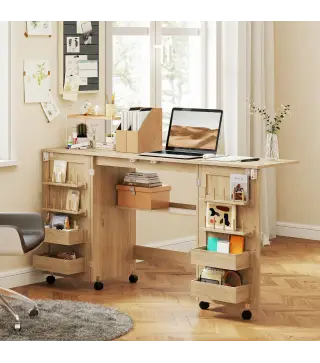 Mesa de Costura Plegable con 6 Ruedas 20 Clavijas para Hilos 4 Compartimentos Estante Roble