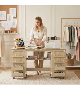 Mesa de Costura Plegable con 6 Ruedas 20 Clavijas para Hilos 4 Compartimentos Estante Roble