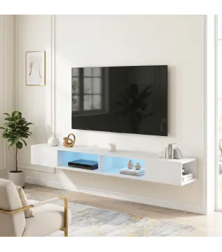 Mueble de TV Suspendido con Luces LED con Estantes Abiertos para Televisión 75 Pulgadas 177,8x30x18 cm Blanco