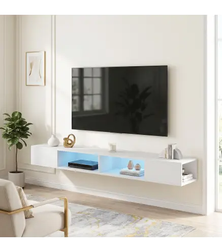 Mueble de TV Suspendido con Luces LED con Estantes Abiertos para Televisión 75 Pulgadas 177,8x30x18 cm Blanco