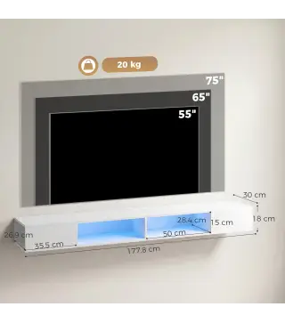Mueble de TV Suspendido con Luces LED con Estantes Abiertos para Televisión 75 Pulgadas 177,8x30x18 cm Blanco