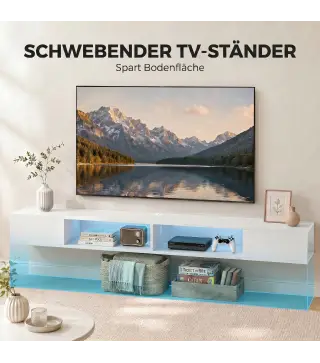 Mueble de TV Suspendido con Luces LED con Estantes Abiertos para Televisión 75 Pulgadas 177,8x30x18 cm Blanco