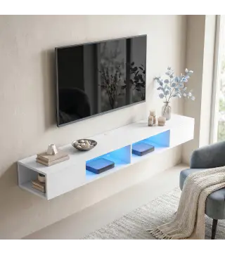 Mueble de TV Suspendido con Luces LED con Estantes Abiertos para Televisión 75 Pulgadas 177,8x30x18 cm Blanco