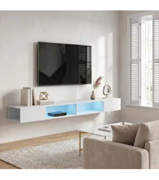 Mueble de TV Suspendido con Luces LED con Estantes Abiertos para Televisión 75 Pulgadas 177,8x30x18 cm Blanco