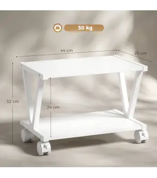 Soporte para Impresora de 2 Niveles Bajo Escritorio con Ruedas Bloqueables para Oficina en Casa 44x28x32 cm Blanco