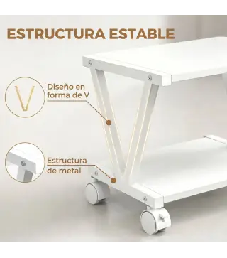 Soporte para Impresora de 2 Niveles Bajo Escritorio con Ruedas Bloqueables para Oficina en Casa 44x28x32 cm Blanco