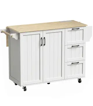 Isla de Cocina con Encimera Extensible Estación de Carga Ruedas 2 Puertas 3 Cajones Especiero y Toallero Blanco
