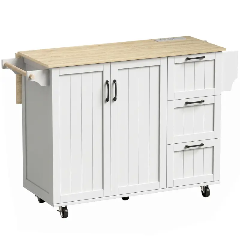 Isla de Cocina con Encimera Extensible Estación de Carga Ruedas 2 Puertas 3 Cajones Especiero y Toallero Blanco Isla de Cocina con Encimera Extensible Estación de Carga Ruedas 2 Puertas 3 Cajones Especiero y Toallero Blanco