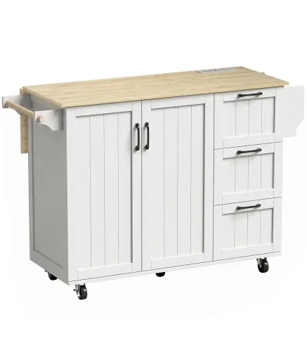 Isla de Cocina con Encimera Extensible Estación de Carga Ruedas 2 Puertas 3 Cajones Especiero y Toallero Blanco