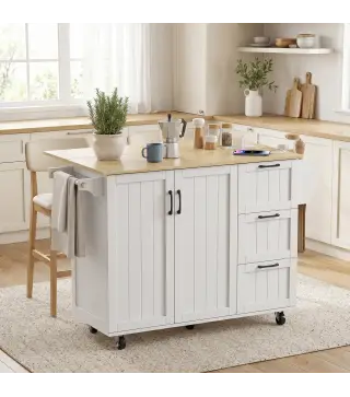 Isla de Cocina con Encimera Extensible Estación de Carga Ruedas 2 Puertas 3 Cajones Especiero y Toallero Blanco