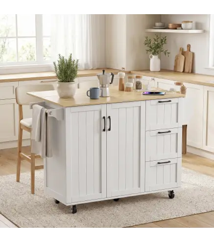 Isla de Cocina con Encimera Extensible Estación de Carga Ruedas 2 Puertas 3 Cajones Especiero y Toallero Blanco