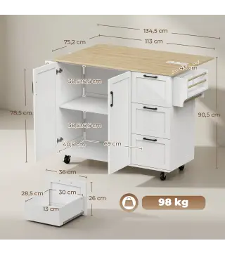 Isla de Cocina con Encimera Extensible Estación de Carga Ruedas 2 Puertas 3 Cajones Especiero y Toallero Blanco