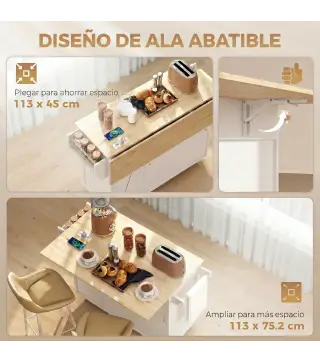 Isla de Cocina con Encimera Extensible Estación de Carga Ruedas 2 Puertas 3 Cajones Especiero y Toallero Blanco