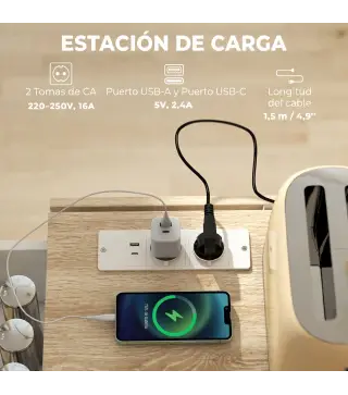 Isla de Cocina con Encimera Extensible Estación de Carga Ruedas 2 Puertas 3 Cajones Especiero y Toallero Blanco