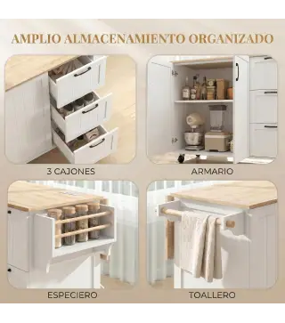 Isla de Cocina con Encimera Extensible Estación de Carga Ruedas 2 Puertas 3 Cajones Especiero y Toallero Blanco