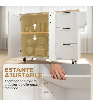 Isla de Cocina con Encimera Extensible Estación de Carga Ruedas 2 Puertas 3 Cajones Especiero y Toallero Blanco