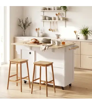 Isla de Cocina con Encimera Extensible Estación de Carga Ruedas 2 Puertas 3 Cajones Especiero y Toallero Blanco