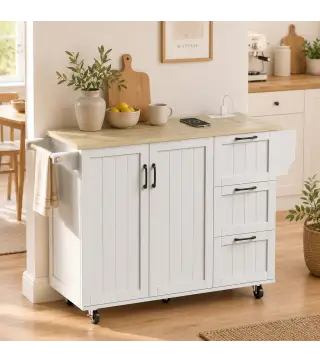 Isla de Cocina con Encimera Extensible Estación de Carga Ruedas 2 Puertas 3 Cajones Especiero y Toallero Blanco