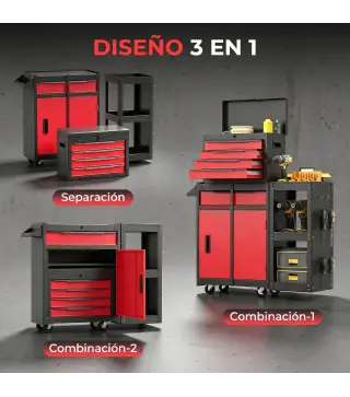 Carro de Herramientas con Ruedas 3 en 1 con 5 Cajones y Armario Inferior Paneles Perforados y Cerradura Negro y Rojo