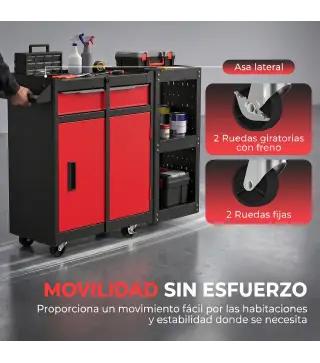 Carro de Herramientas con Ruedas 3 en 1 con 5 Cajones y Armario Inferior Paneles Perforados y Cerradura Negro y Rojo