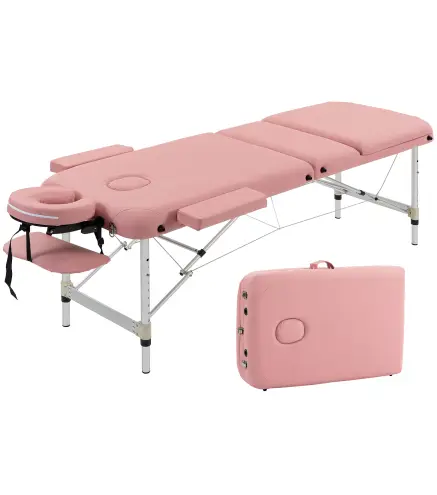 Camilla Masaje Plegable de Aluminio con Altura Ajustable 3 Zonas Reposacabezas Extraíble Bolsa de Transporte Rosa