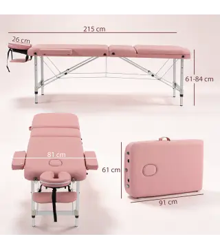 Camilla Masaje Plegable de Aluminio con Altura Ajustable 3 Zonas Reposacabezas Extraíble Bolsa de Transporte Rosa