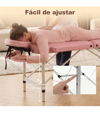 Camilla Masaje Plegable de Aluminio con Altura Ajustable 3 Zonas Reposacabezas Extraíble Bolsa de Transporte Rosa